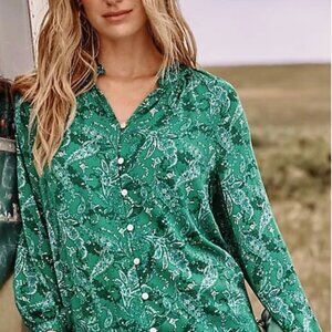 J. Jill SALE! Blouse 3/4 Sleeve Green Paisley Country Cottage Romantic, sz XLT